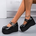 thumbnail image 3 of Womens Platform Chunky Mary Janes Dress Shoes Black Leather Vintage 2 Buckle Straps Height Increasing Heel Ballet Flats, 3 of 7