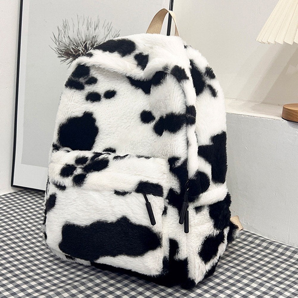 Jiibva Plush Animal Cow Print Backpack for Women Stylish Bag Personalized Travel Shoulder Bag Bookbag Trendy Daypack Purse