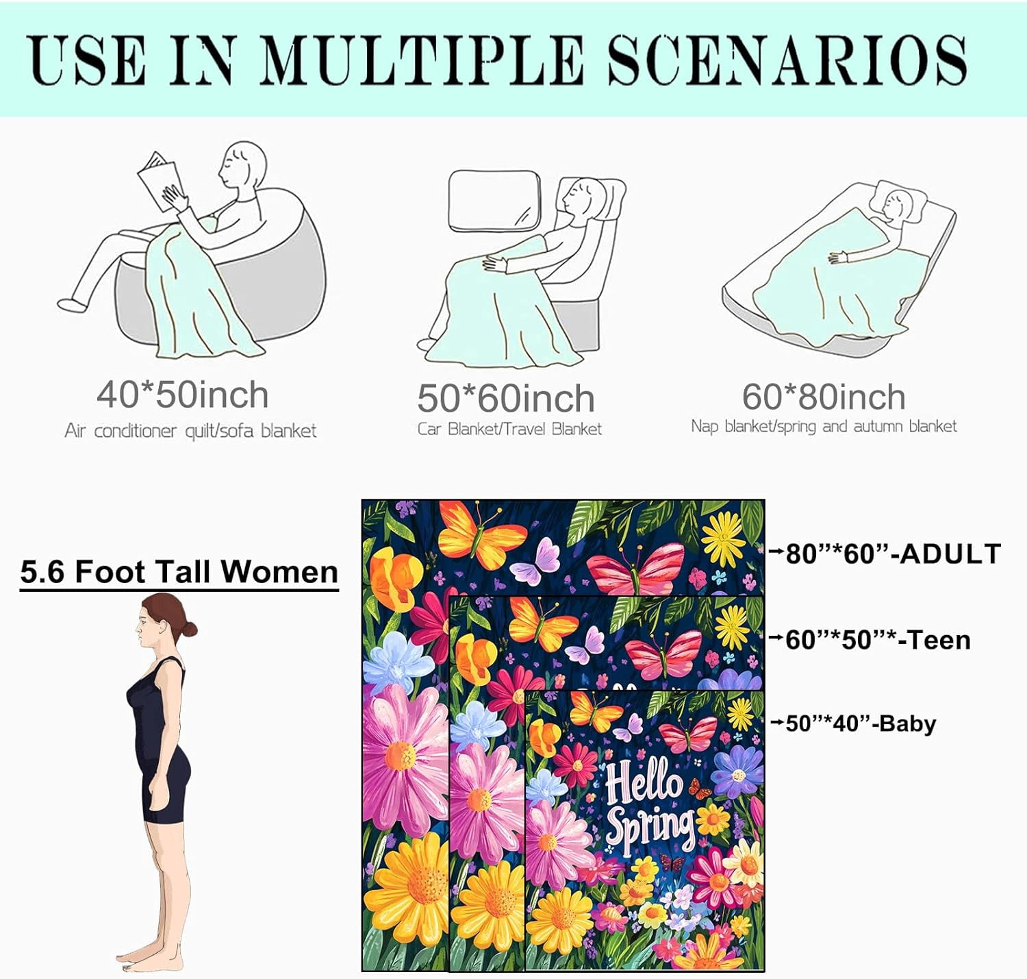 Floral Hello Spring Fleece Blanket - 50x60in Butterfly and Blooming Flower Throw Blankets,Soft Cozy Lightweight, Ideal for Living Room Home Rustic Decor and Kids Women Girls Gifts