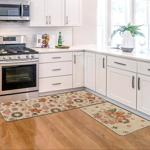Sm:)e Gingerbread Man Snowman Christmas Kitchen Rugs and Mats, 17x29Inch and 17x47 Inch, Non Slip Linen Mat Inside Washable for Porch Patio Hallway, Pink
