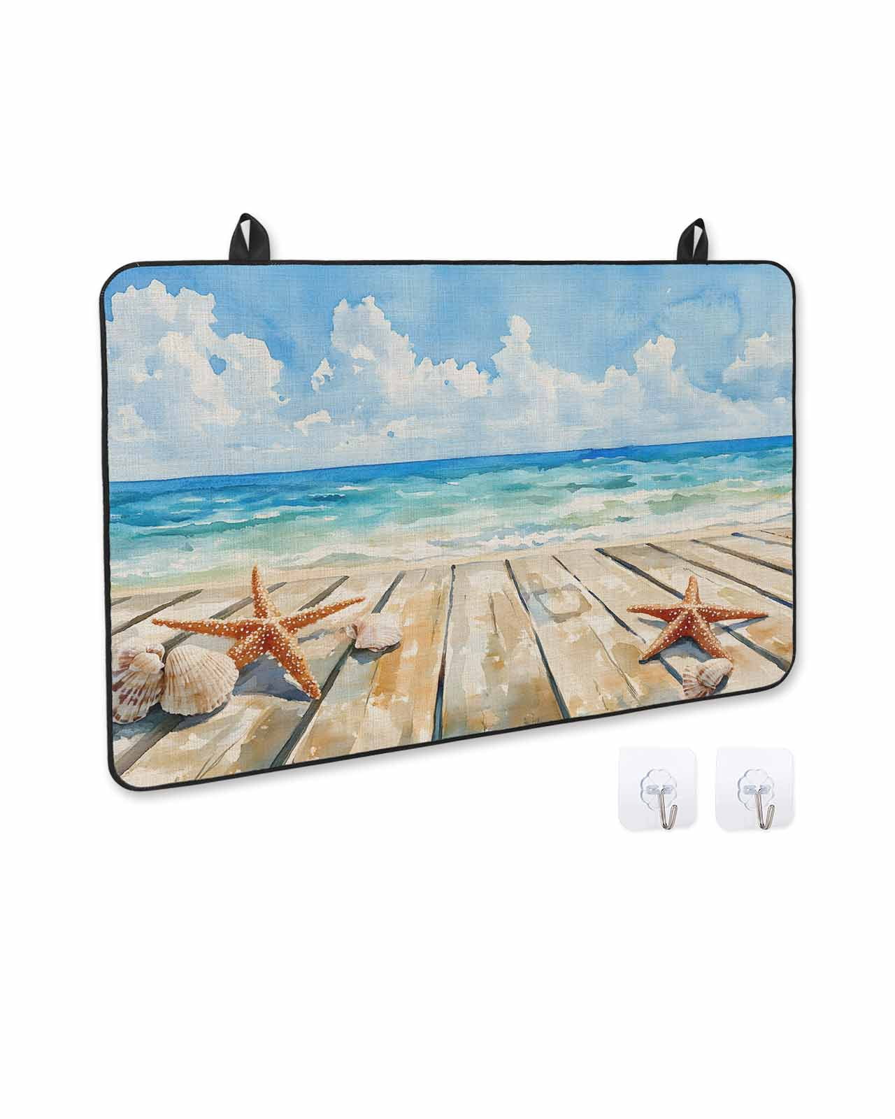 nqOlkjepod Large Induction Cooktop Protector Mat 24"x21", Summer Beach Stove Top Covers for Electric Stove, Coastal Starfish Seashells Ocean Blue Sky Stove Burner Cover Mats, Glass Top Stove Cover