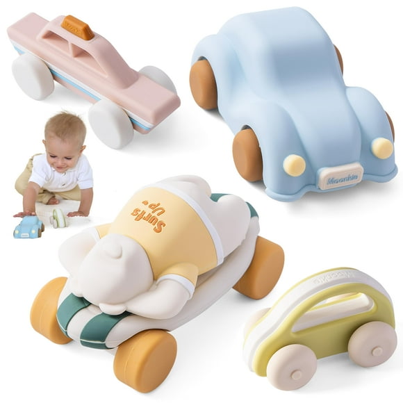 Moonkie Food Grade Silicone Toy Cars for Toddlers 1-3, Push and Go Baby Car Toys 6-12 Months+, One-Piece Design Infant Toys, Birthday Gifts for 1 Year Old Boy Girl, E