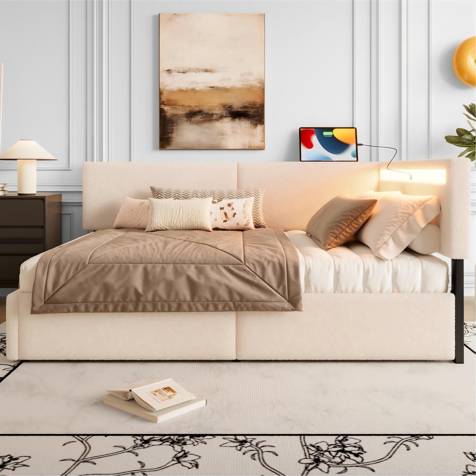 Leumius Full Size Boucle Daybed Frame, Upholstered Cloud Bed Frame with Headboard, 2 Storage Drawers, LED light and USB Charging Design, Solid Wood Legs and Slats for Bedroom Guest Room Beige