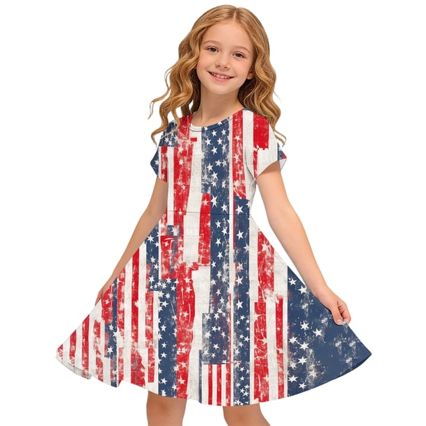 Odeerbi Niñas Día de La Independencia Vestido de Línea A Verano Patriótico Cuello Redondo Manga Corta Vestido Casual
