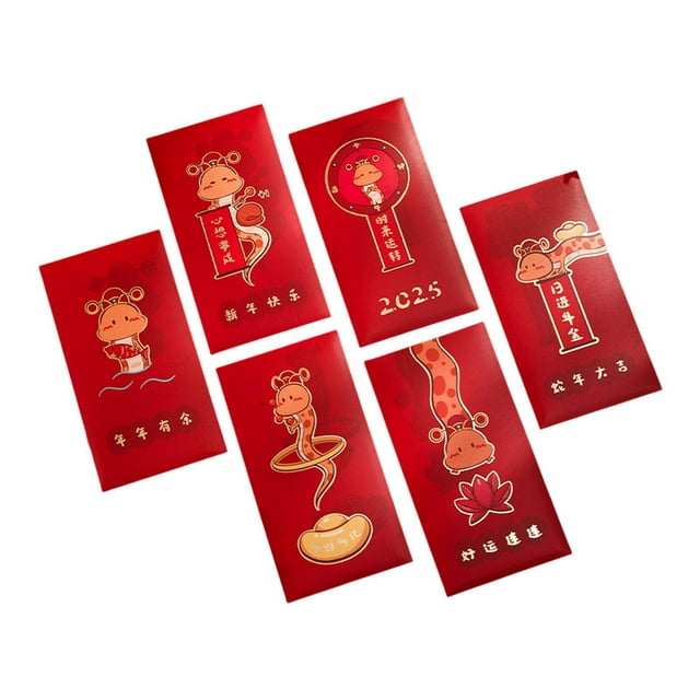 Conjunto de 6 sobres Hong Bao con diseño de serpiente para el año lunar 2025, tamaño 9x17cm