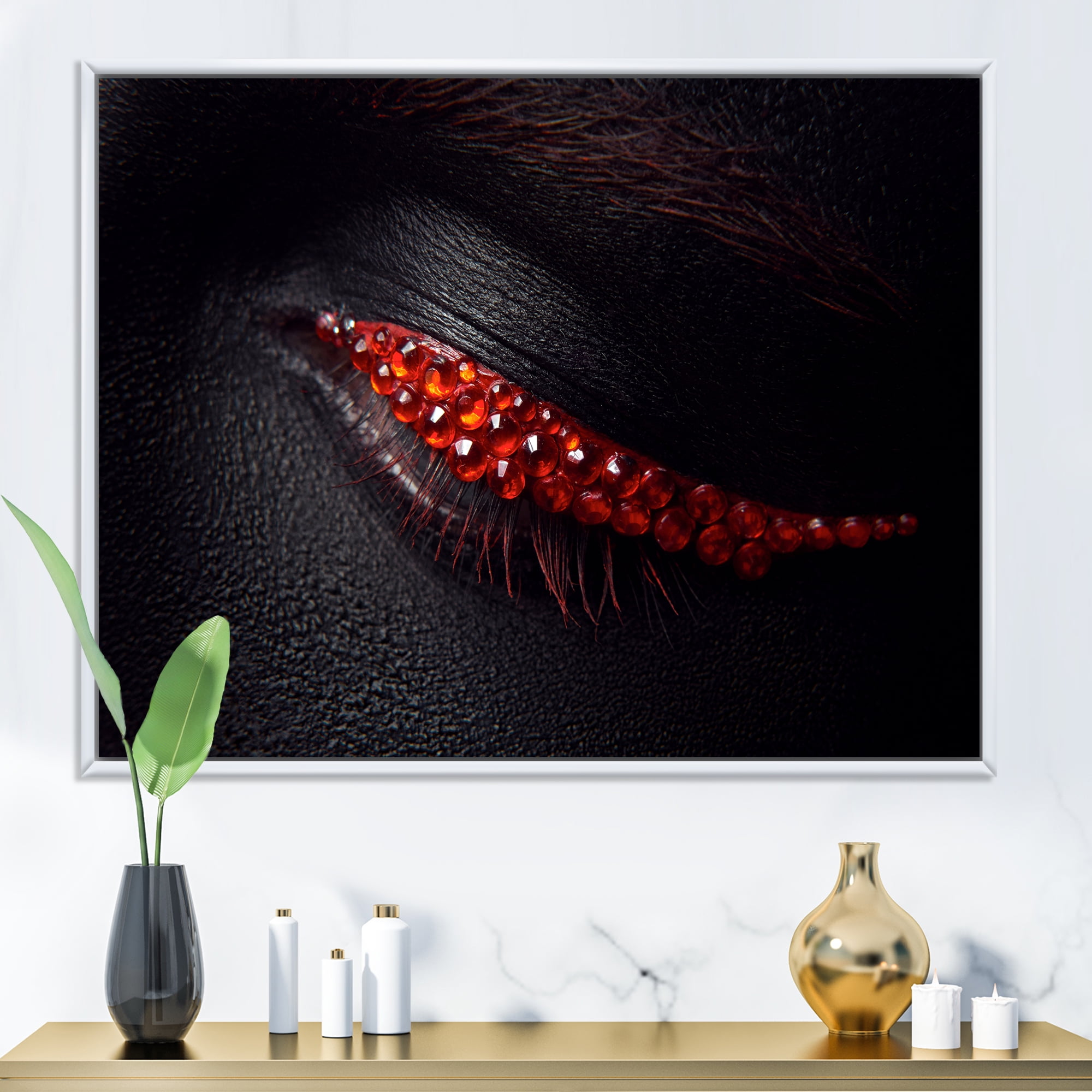 Designart 'Beautiful Black Skin Female Eye With Red Diamonds' Modern Framed Canvas Wall Art Print