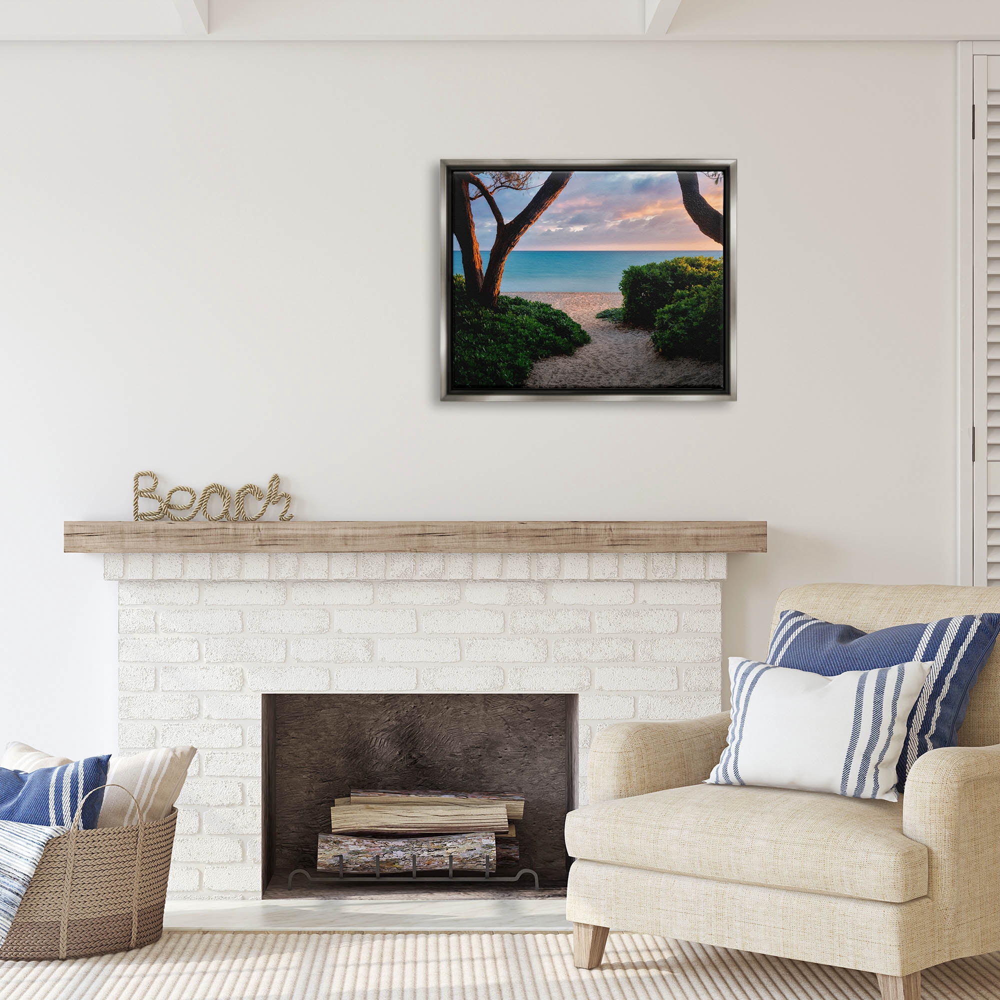 Stupell Industries Between Trees Sandy Beach Path Coastal Photography Gray Floater Framed Art Print Wall Art