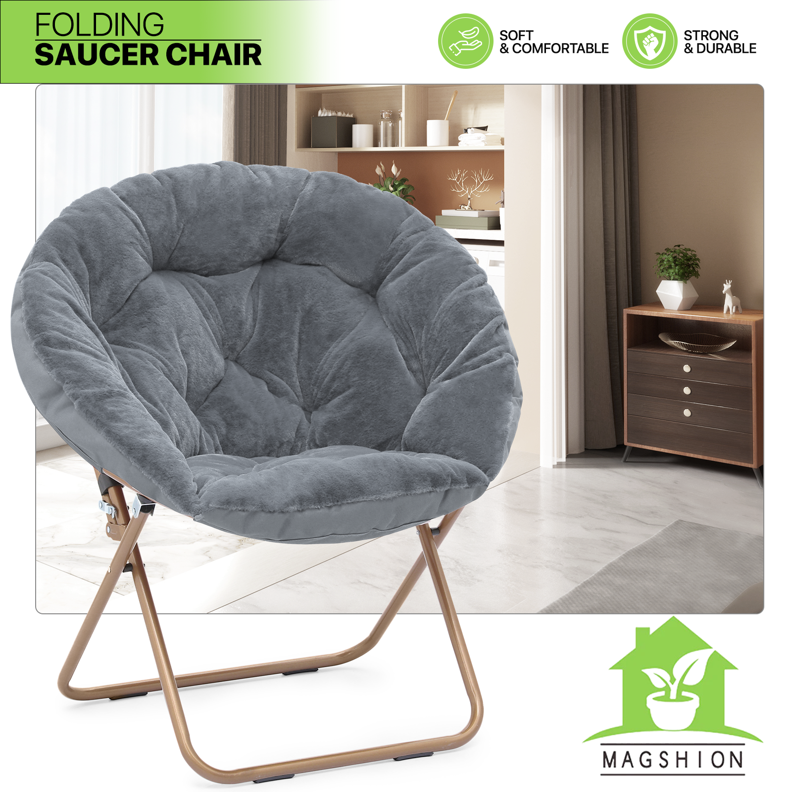 Magshion 33" Folding Saucer Chair, Soft Faux Fur Oversized Collapsible Accent Chair Lounge Moon Chair with Metal Frame for Bedroom, Gray - image 2 of 10