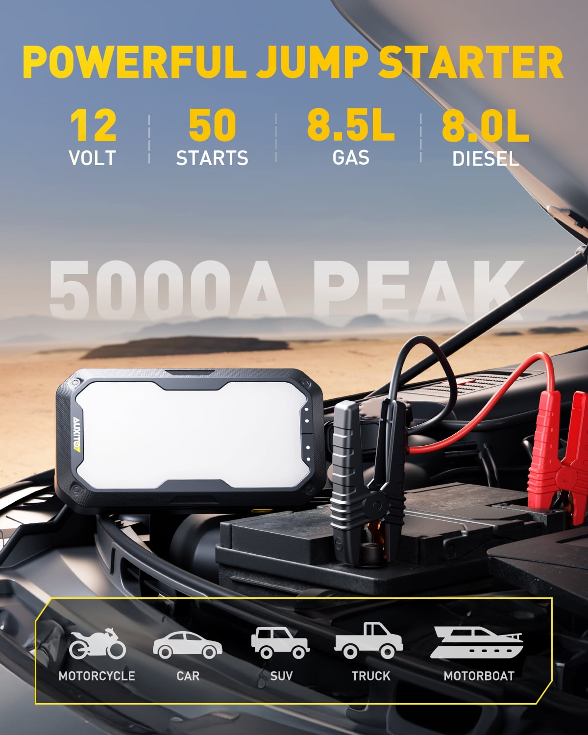 AUXITO Car Battery Jump Starter 5000A Portable Jump Box for Up to 8.5L Gas 8.0L Diesel Engine, 4 Modes Working Light and 2 Hook, Portable Charger and Jump Cables