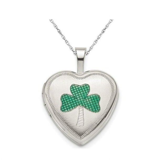 Green Enamel Clover Heart Locket in Sterling Silver 16mm
