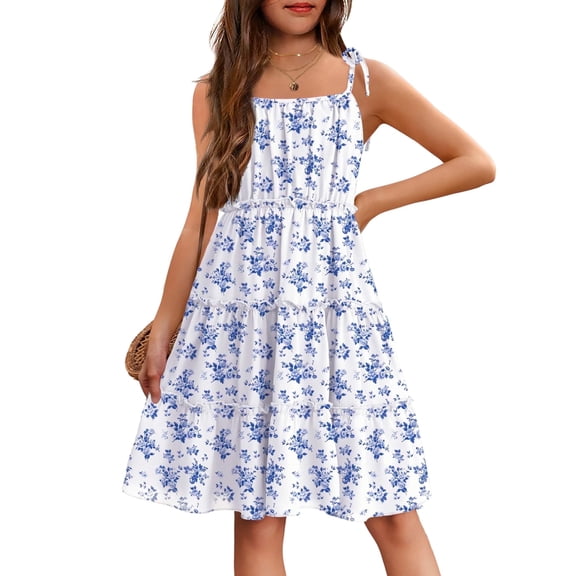 Arshiner Girls' Summer Sundress Floral Boho Spaghetti Strap Ruffled Tiered Midi Dresses Casual Cami Dress