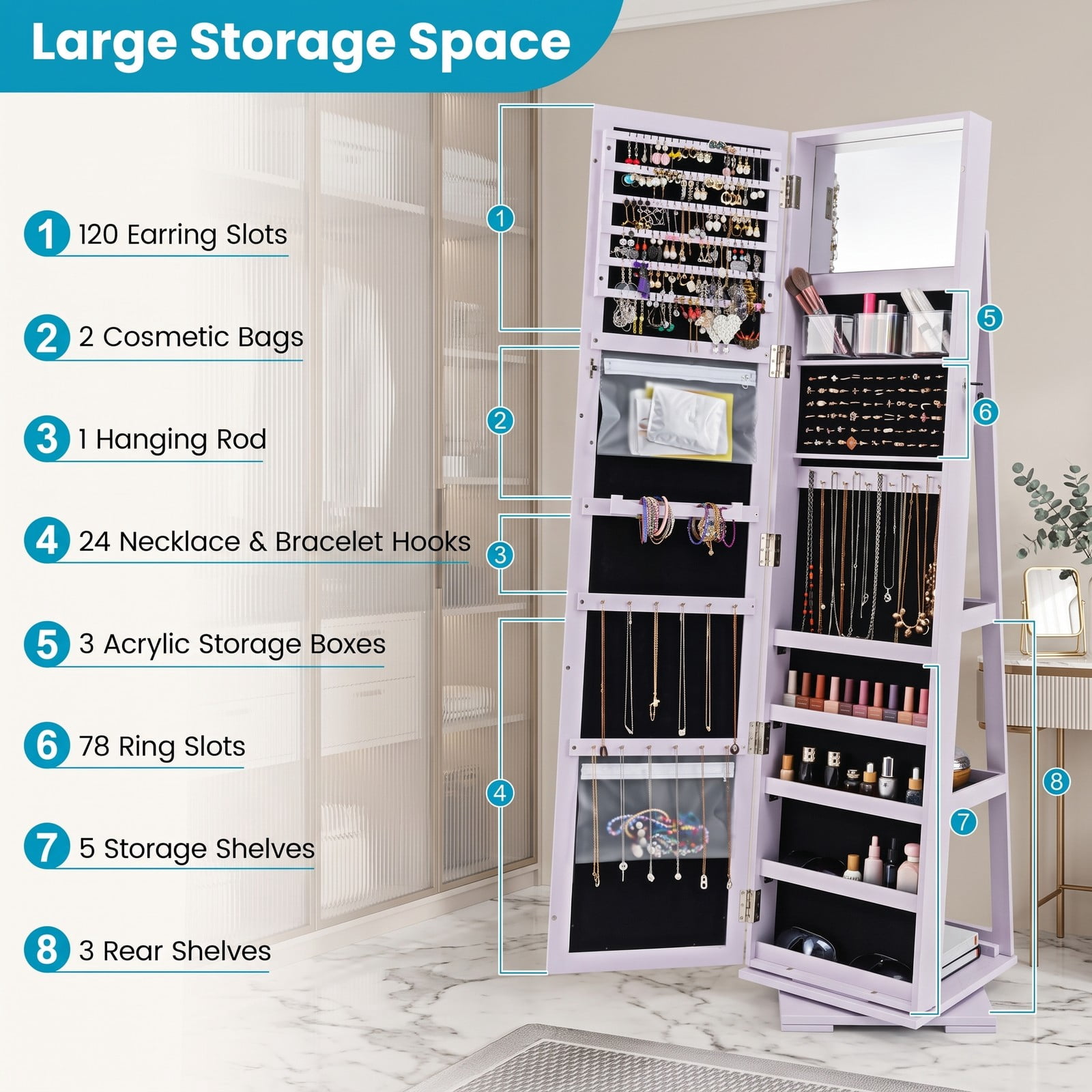 Furnibear 360 Degree Rotatable Freestanding Lockable Jewelry Cabinet with Full-Length Mirror and 100 Earring Slots for Bedroom, Purple