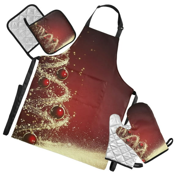 Golden Christmas Tree Red Light Ball Apron Set with Oven Mitts Pot Holders Set of 5 Kitchen Stuff Accessories