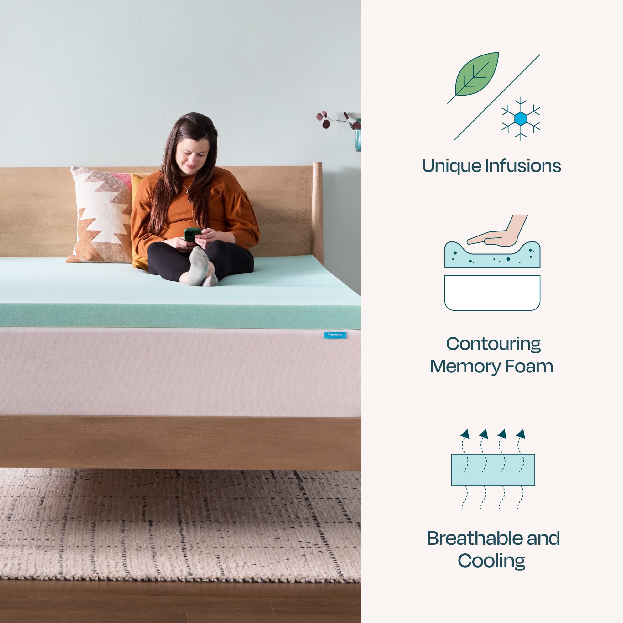 Linenspa 3" Cooling Gel and Green Tea Infused Memory Foam Mattress Topper, King