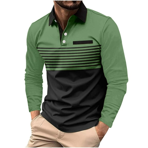 Qingpeng Men's Lapel Button Shirts 2024 Long Sleeve Casual T-Shirts Color Block Slim Fit Shirt with Pocket