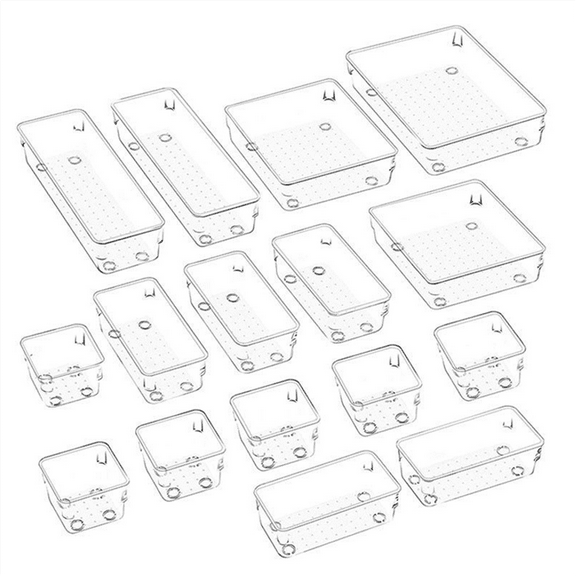 16-Piece Drawer Organizer Set, 5 Different Sized Bathroom and Kitchen Drawer Storage Trays, Transparent Storage Boxes