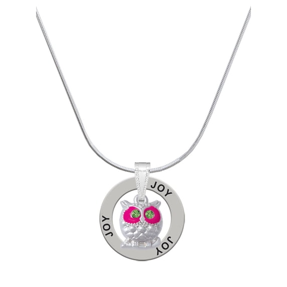 Delight Jewelry Silvertone Owl with Hot Pink & Lime Green Crystal Eyes Joy Ring Charm Necklace, 18"