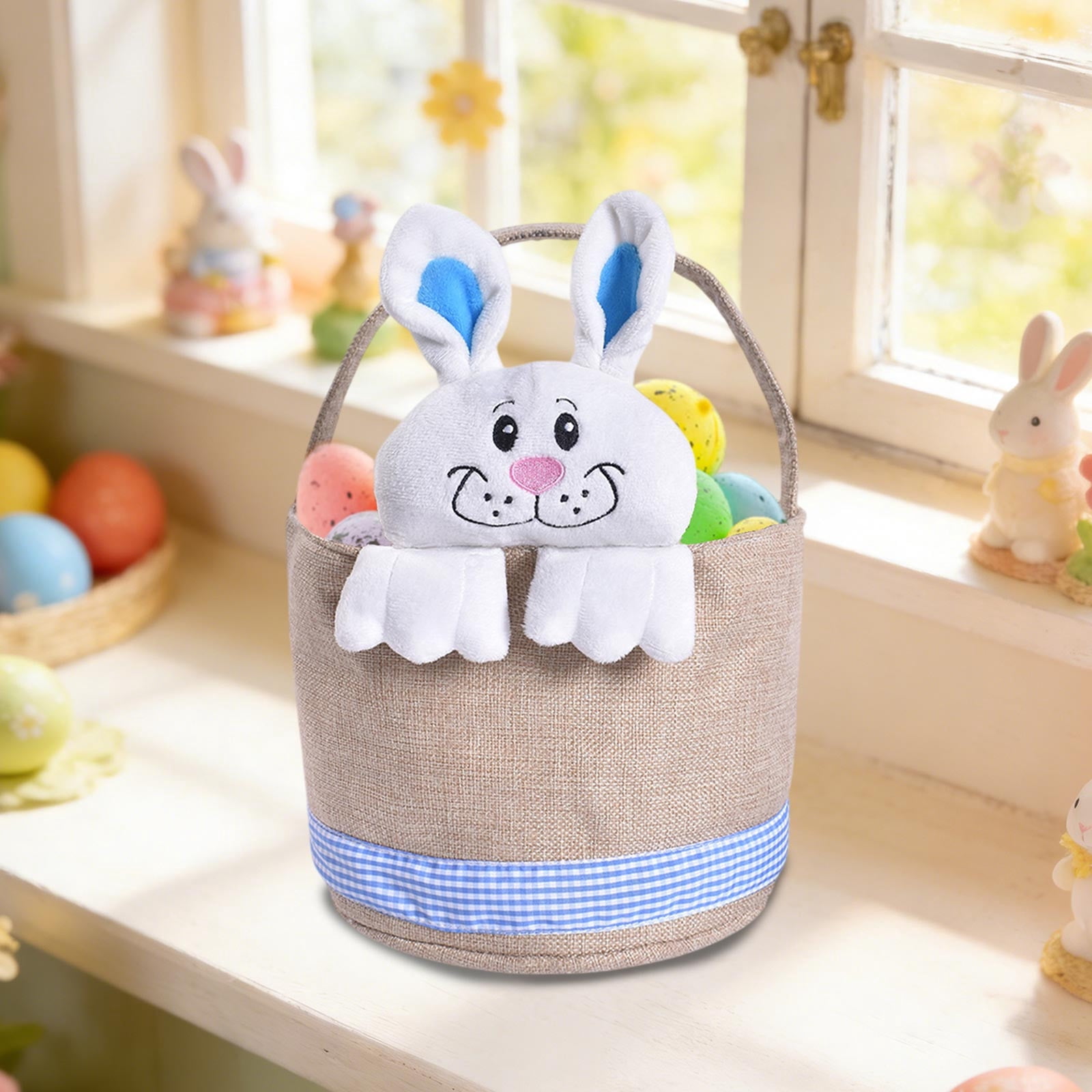 Lunxisen 1 Pcs Easter Bunny Basket Decorated Bunny Gift Basket for Easter Spring Holiday Party Home Decoration