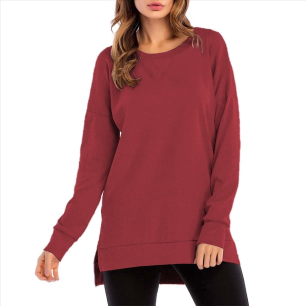 Sudadera de Mujer de Color Liso con Cuello Redondo, Larga y Abertura Frontal Corta y Trasera Larga Vino Tinto XL