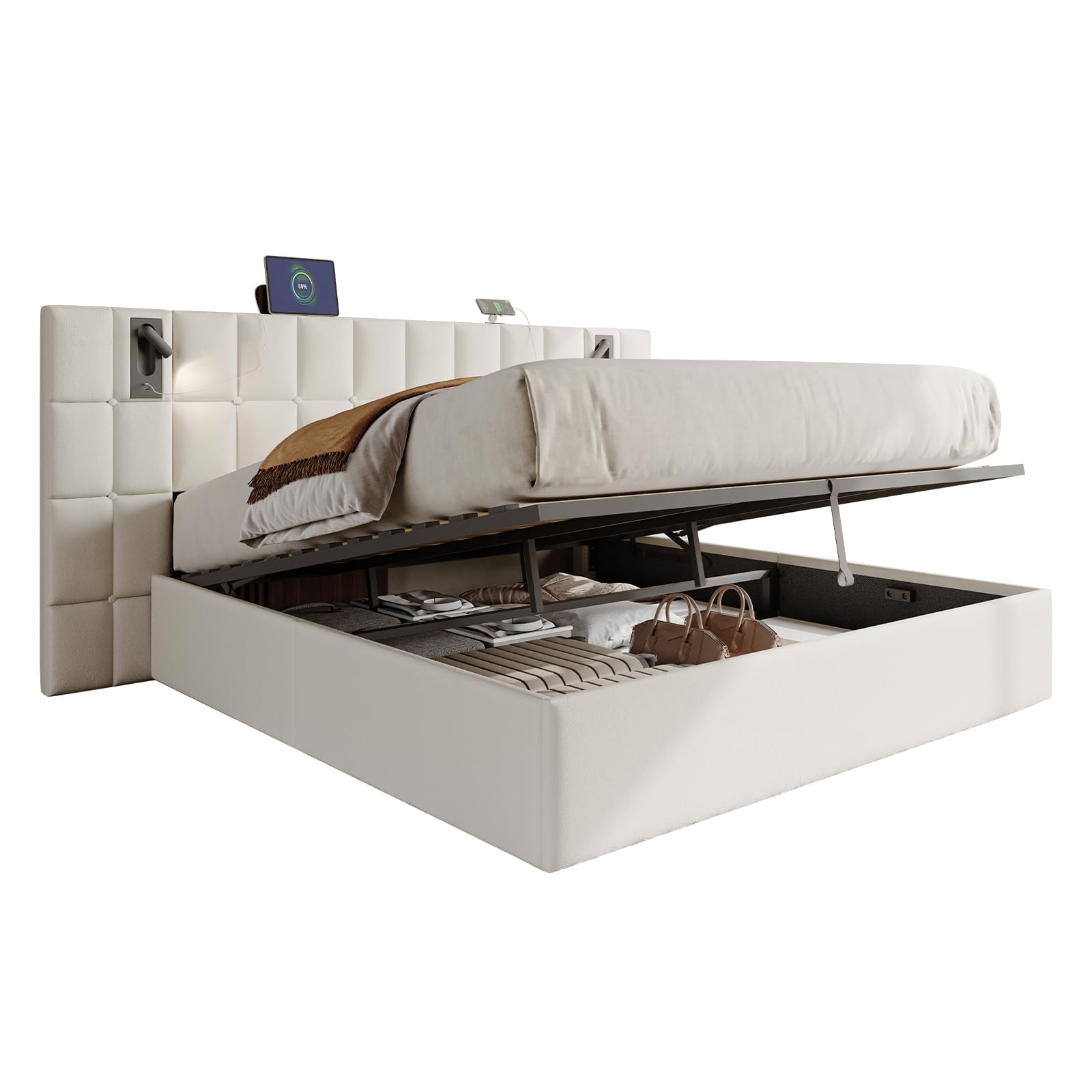 Merluxy King Size Upholstered Bed Frame with Widened Headboard,Lift-Up Storage Bed and Built-In Reading Light, Velvet Platform Frame,Cream