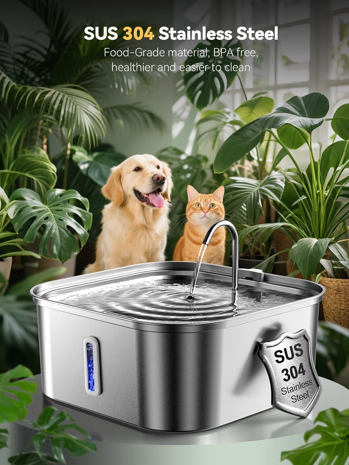 Large Dog Water Fountain 14L/3.7Gal, Stainless Steel Pet Fountain for Large Dogs and Multi-Pets Families, Visible Window & Extra Wide Drinking Area, Enlarges Capacity & Saves Space