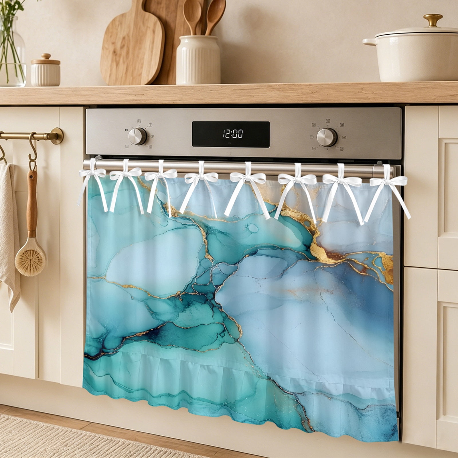 Marble Texture Oven Skirt Curtain Blue Green Gold Abstract Wave Modern Style Tie Top Tier Curtains Stove Dishwasher Skirt Small Window Drapes for Kitchen Bathroom Cafe 27 x20