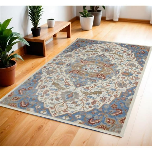 HomeRoots 553531 4 x 6 ft. Floral Medallion Non Skid Rectangle Area Rug, Ivory, Tan & Blue