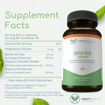 Binder Blend - Toxin Binder Supplement, 180 Capsules - 90 Servings - 960mg Activated Charcoal & 480mg Organic Chlorella - Bloating Relief - Bentonite Clay