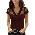 thumbnail image 1 of Blusa informal de manga corta con retazos de encaje y cuello en V para mujer Pompotops hkajfhjk459411, 1 of 8