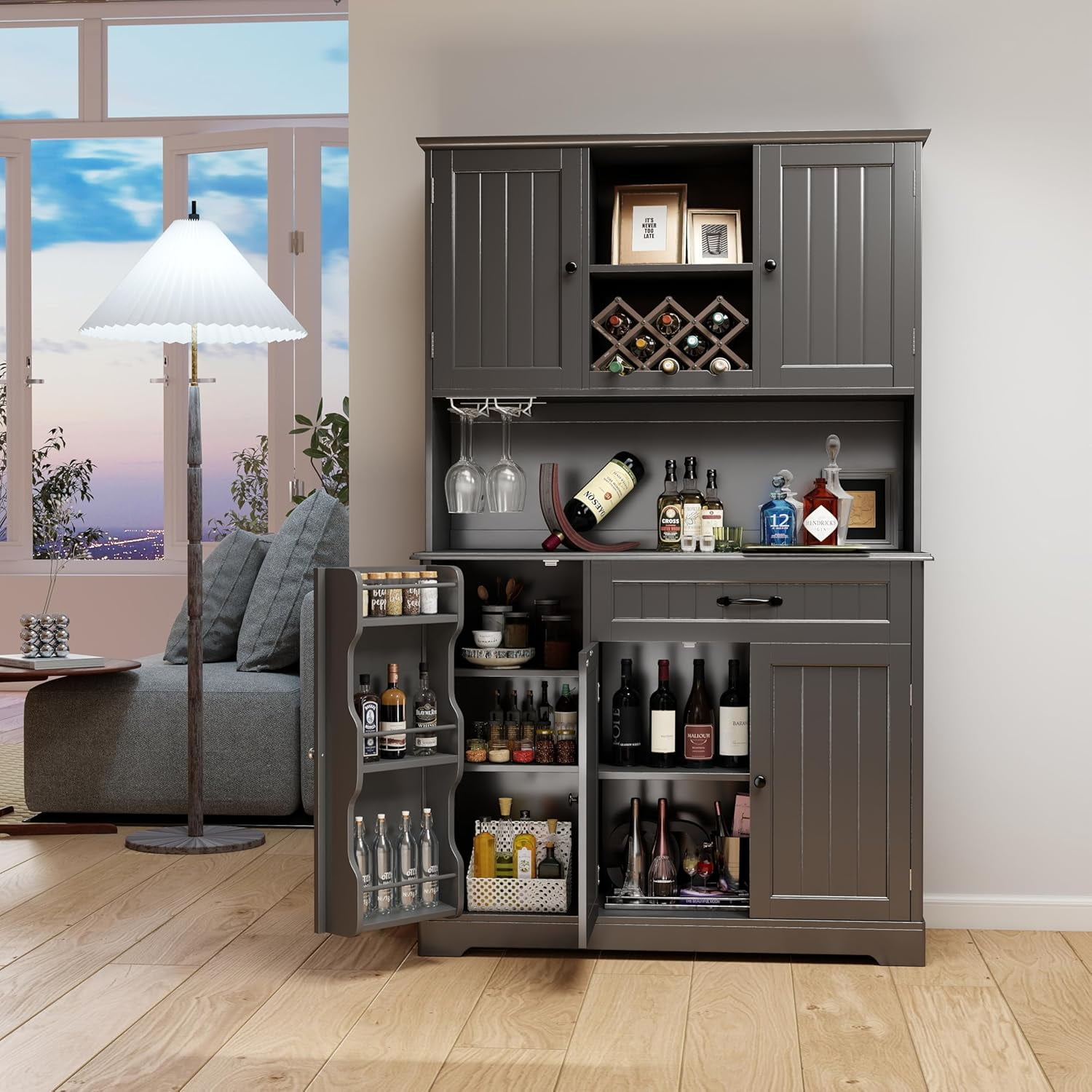 67" Kitchen Hutch Cabinet with 5 Doors and 14 Shelves, Noelse Large Wooden Kitchen Pantry Storage Cabinet with Drawer, Tall Coffee Bar for Dining Room, Black