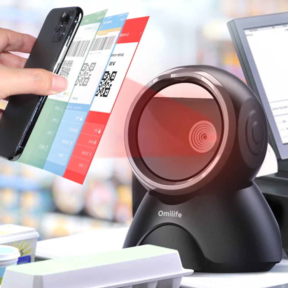 Omilife Barcode scanners, Automatic Omnidirectional Desktop Barcode Scanner, Hands-Free USB Wired QR Barcode Reader, Black