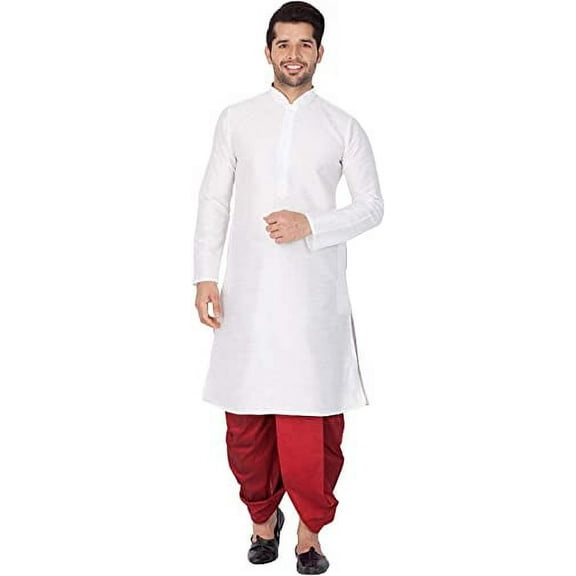 Royal Men's Silk Desginer Dhoti Kurta Set (42, White-Maroon)