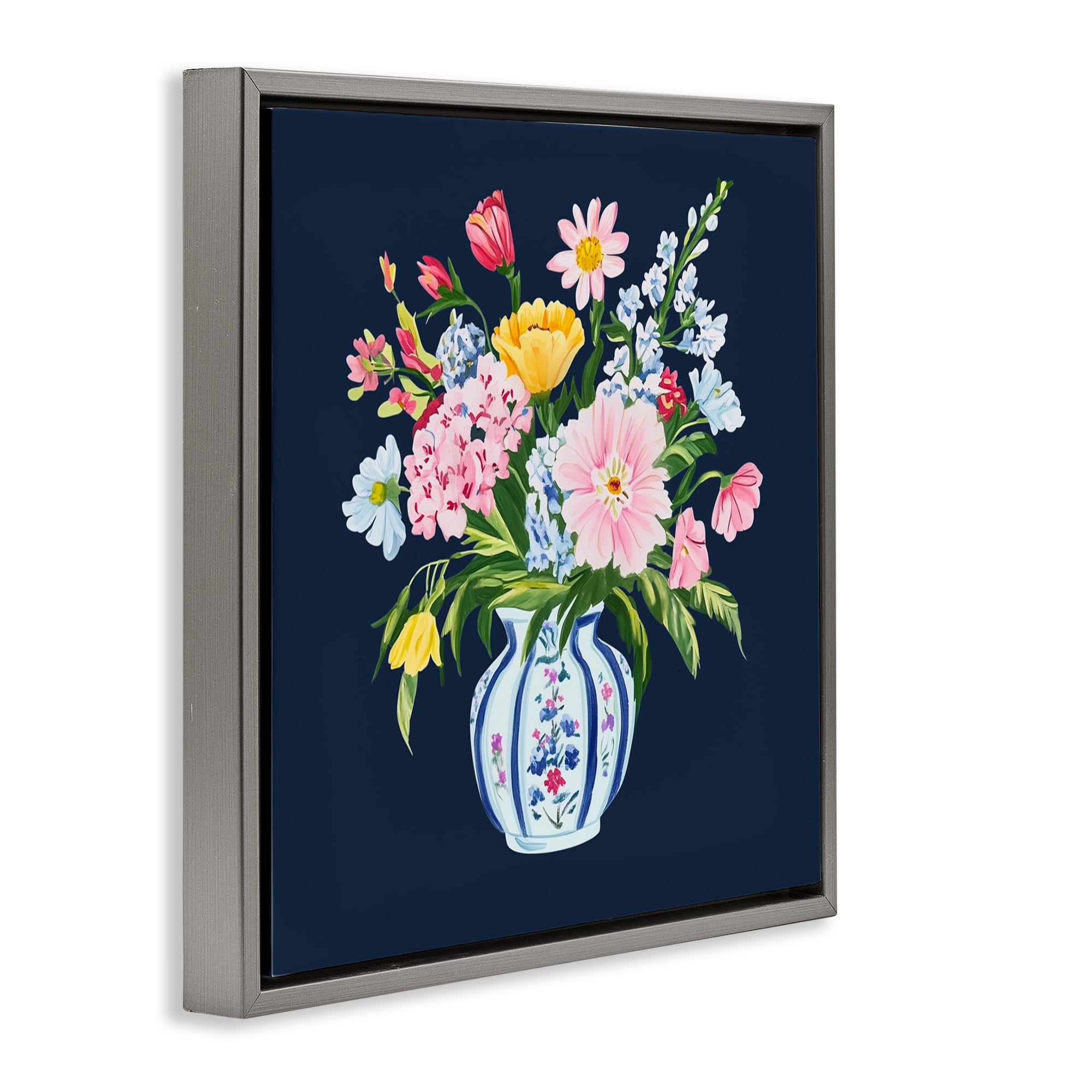 Spring Elegance Chinoiserie Vase Gray Framed Floater Canvas Wall Art, design by Yen
