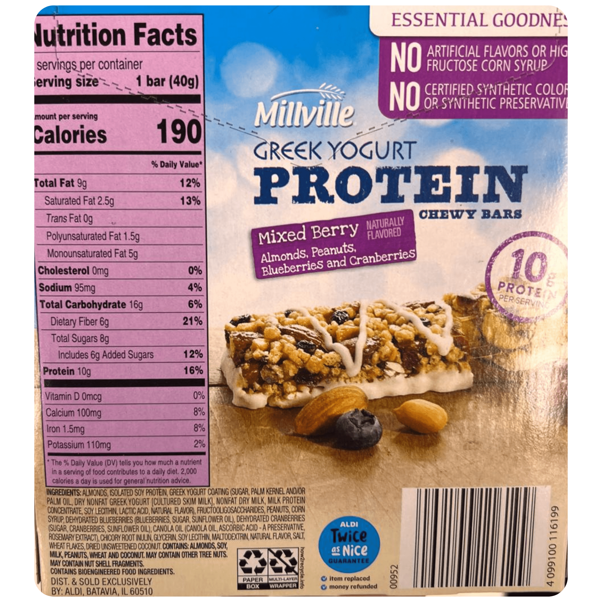 Millville Protein Chewy Granola Bars 4 Flavor Variety Pack 20 Count