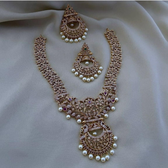 South Indian Bollywood Peacock Design Gold-Plated Short Necklace Set – Ruby, White & Green Kemp CZ Stones with Matte Finish & Matching Drop Earrings.