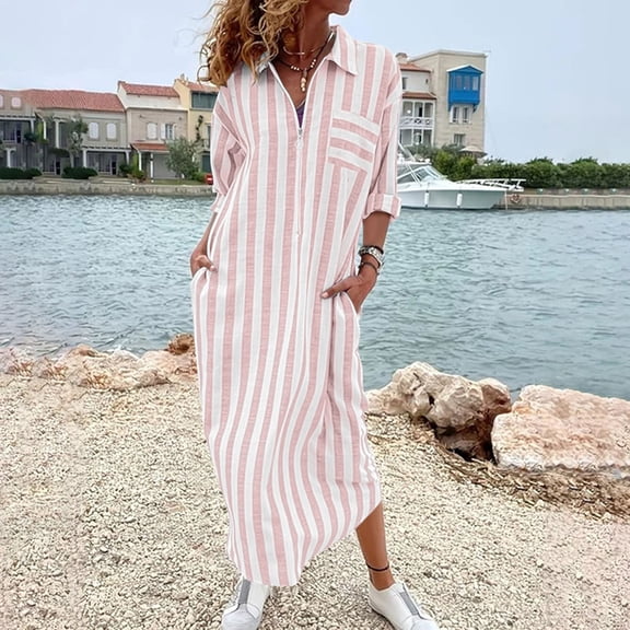 IUYRTFE Women's Striped Button Down Shirt Dress Long Sleeve Collared Maxi Dress with Pockets Loose Fit Casual Long Gown