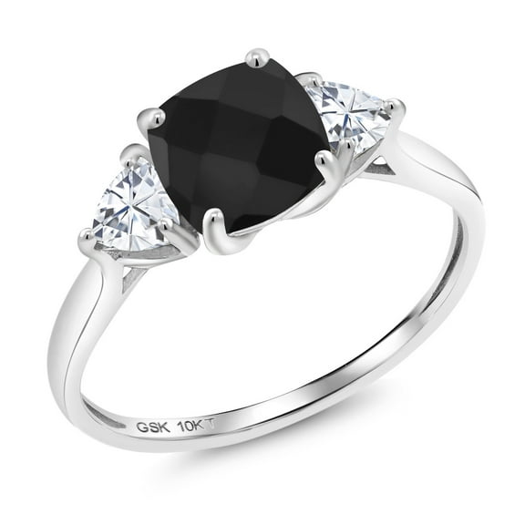 Gem Stone King 10K White Gold Black Onyx and White Moissanite 3-Stone Engagement Ring for Women (1.93 Cttw, 7MM Cushion Checkerboard and 4MM Trillion, Size 7)