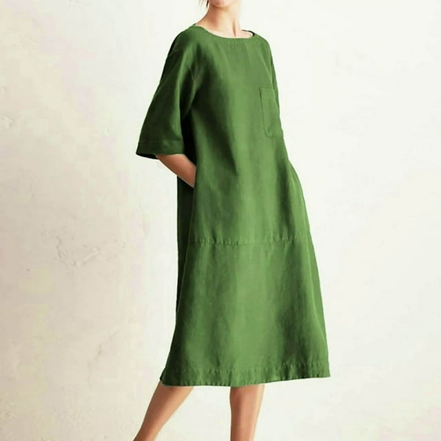 JUNWELL Caftan Ample Robe Longue pour Femmes Grande Taille Robe en Lin Été Décontractée Sans Manches Col Ras du Cou Poches Robe Maxi