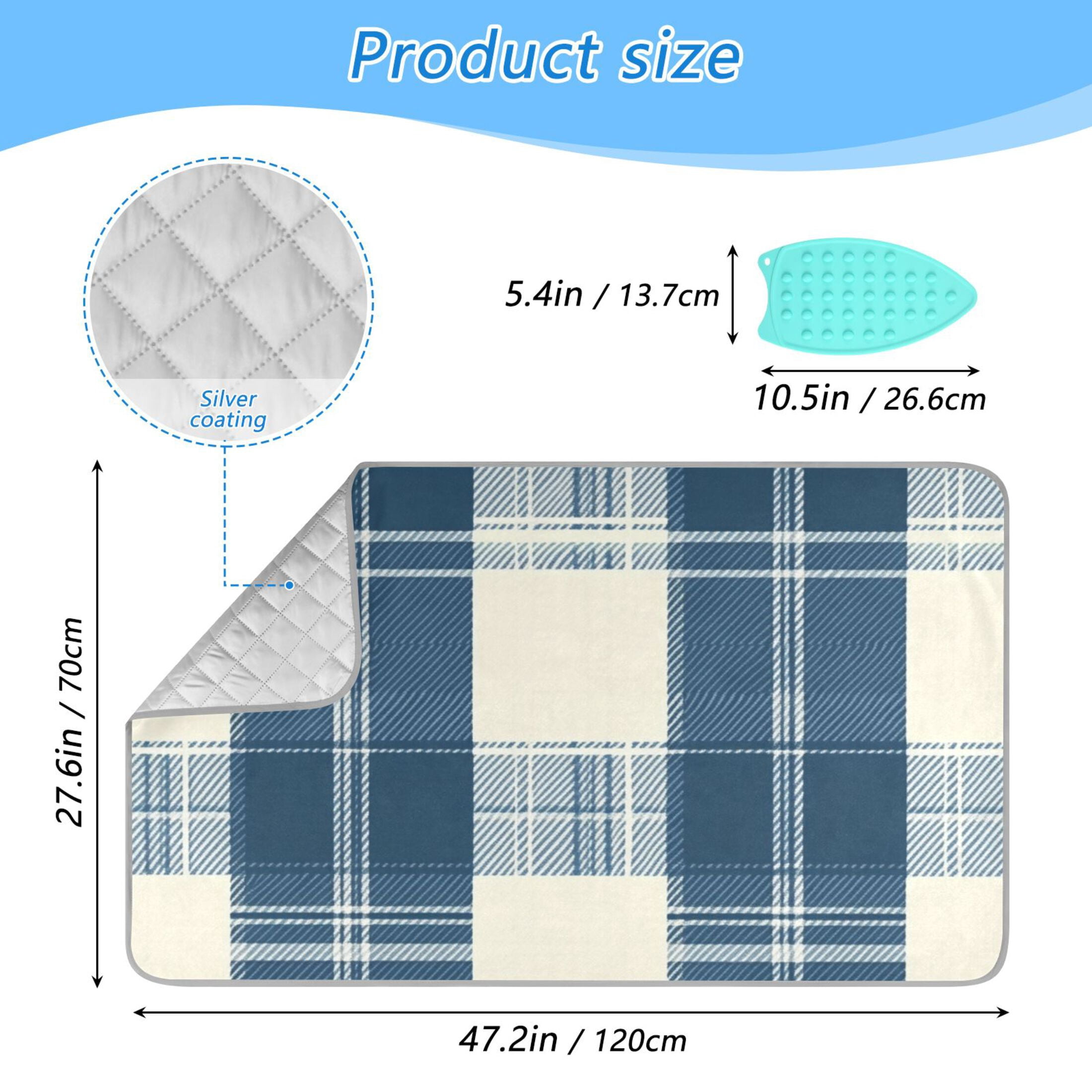 Blue and Beige Wide Plaids Ironing Mat Blanket Portable Travel Ironing Pad Heat Resistant Pad 47.2" x 27.6”