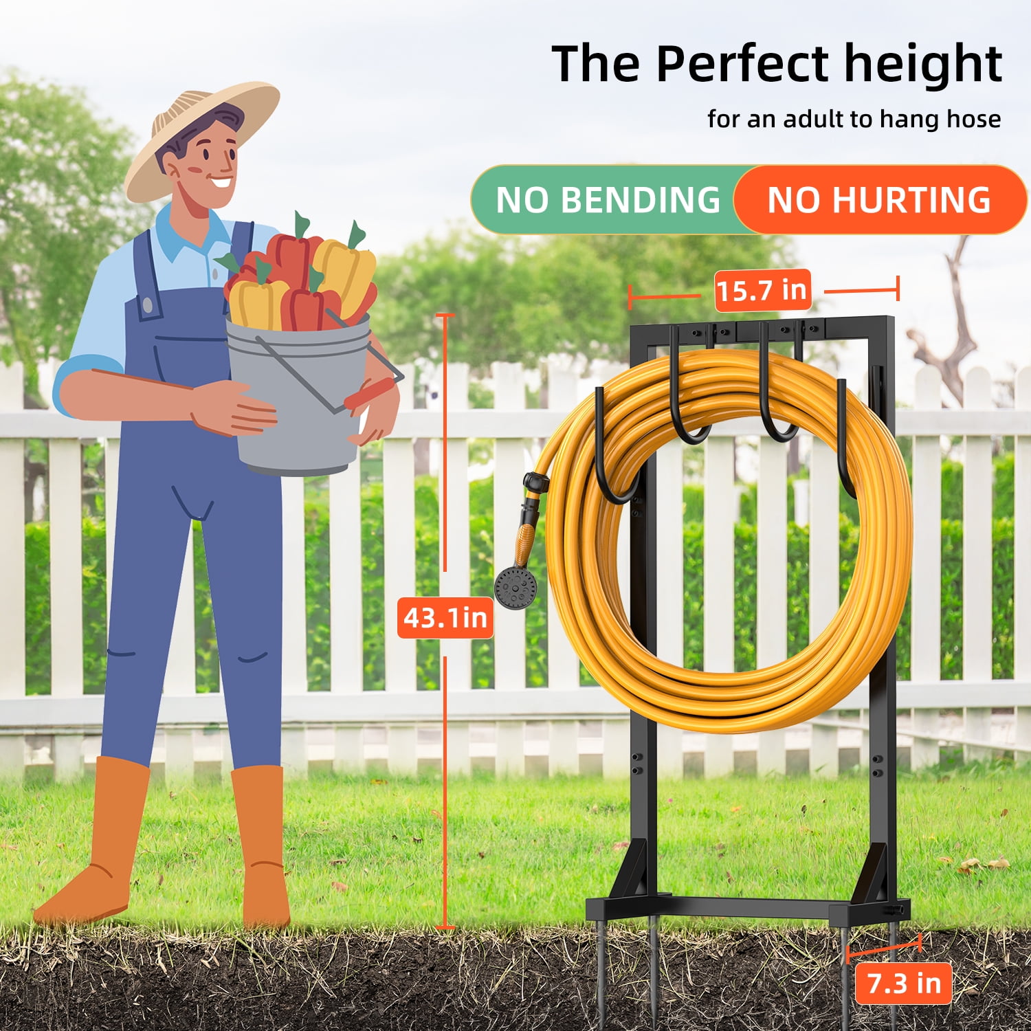 Garden Hose Holder Freestanding, Detachable Heavy Duty Metal Hose Stand with 6 Hooks, Water Hose Reel Rack Organizer