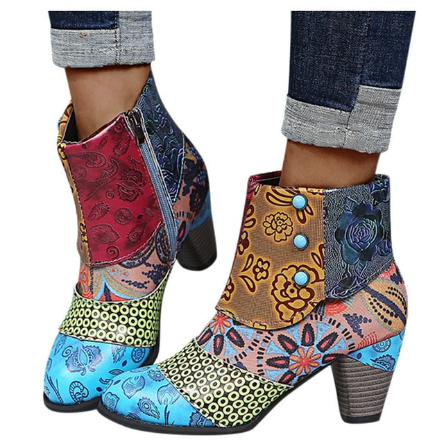 Leozcaa Ankle Boots for Women's Side Zipper Booties Chunky High Heel Fashion Retro Colourful Short Booties