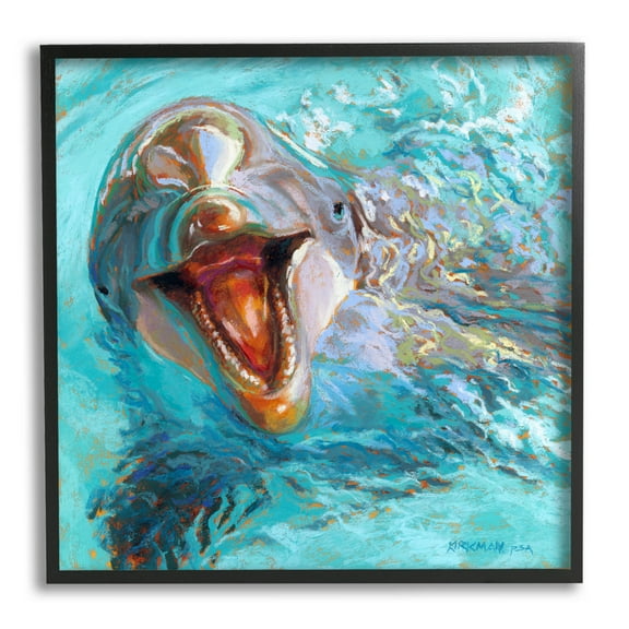Smiling Dolphin Water Splash Animals & Insects Painting Black Framed Art Print Wall Art