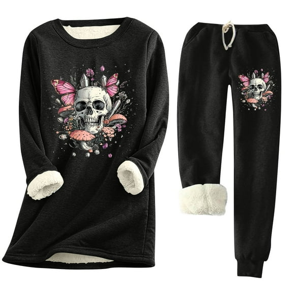 successthop Halloween Pajamas for Women Fleece Thick Long Sleeve Crew Neck with Pant 2 Pieces with Pockets Loungewear