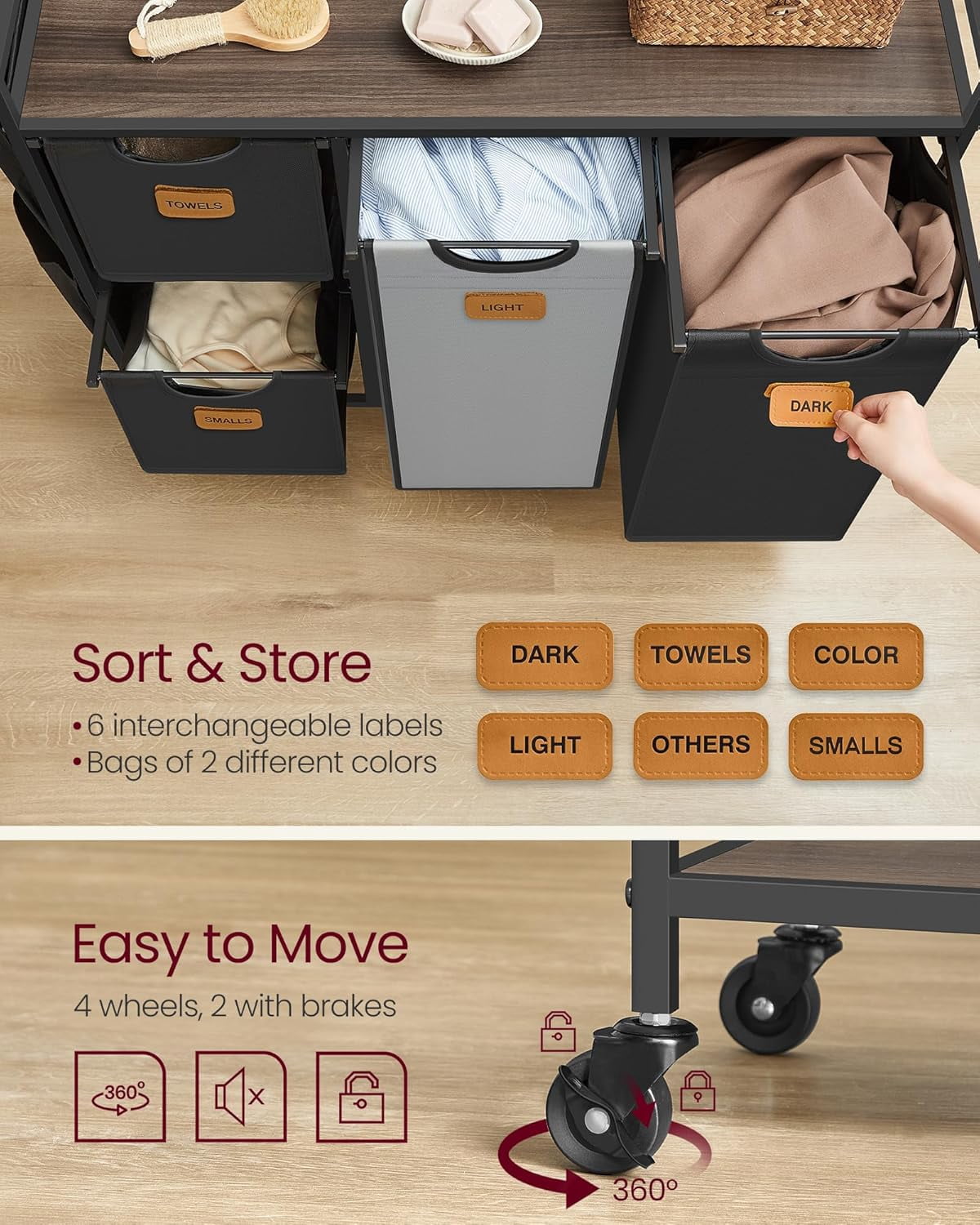 Laundry Hamper with 4 Compartments, 39.6 Gal. (150 L) Laundry Sorter, Rolling Laundry Cart 6 Labels, Chestnut Brown, Ink Black and Dove Gray