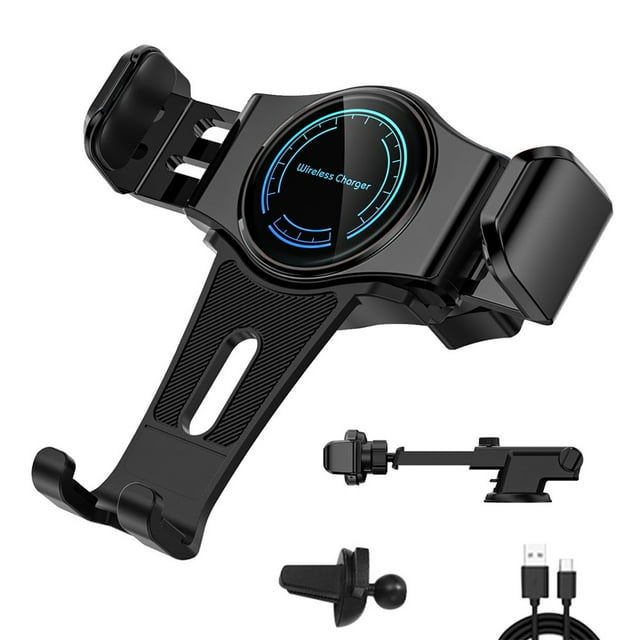 15W Car Phone Wireless Charger Holder Set Type-c Rotating Smartphone Charging Adapter Bracket Plastic Cradle Black