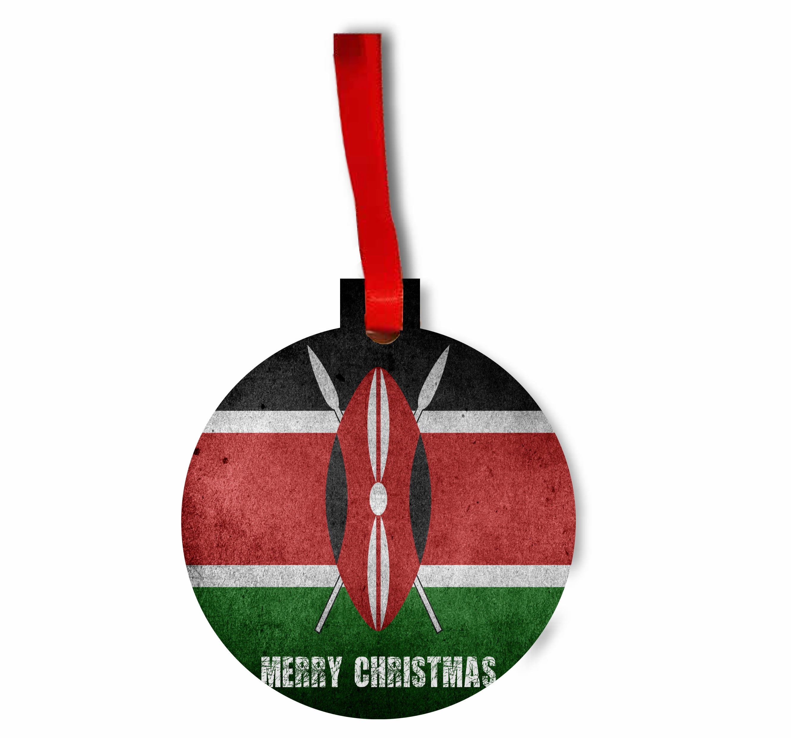 Kenya Flag Merry Christmas Flat Round Shaped Hardboard Hanging Christmas Holiday Tree Ornament