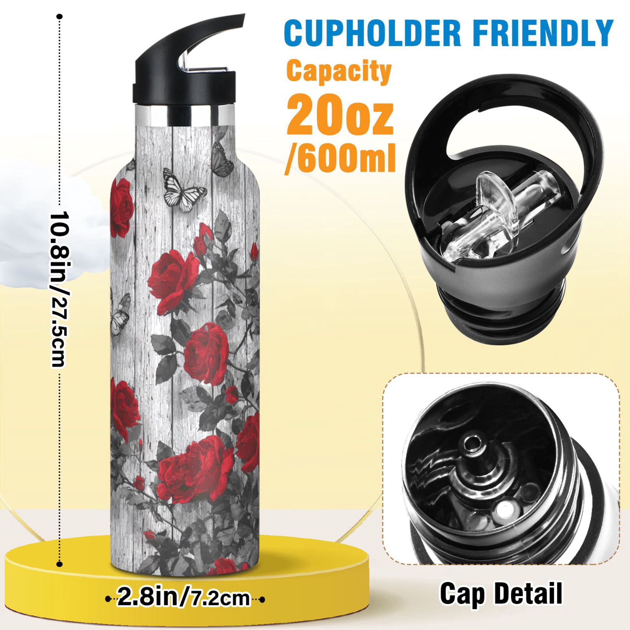 Kids Insulated Stainless Steel Sports Water Bottle 600ml (20oz) Red Roses and Butterflies