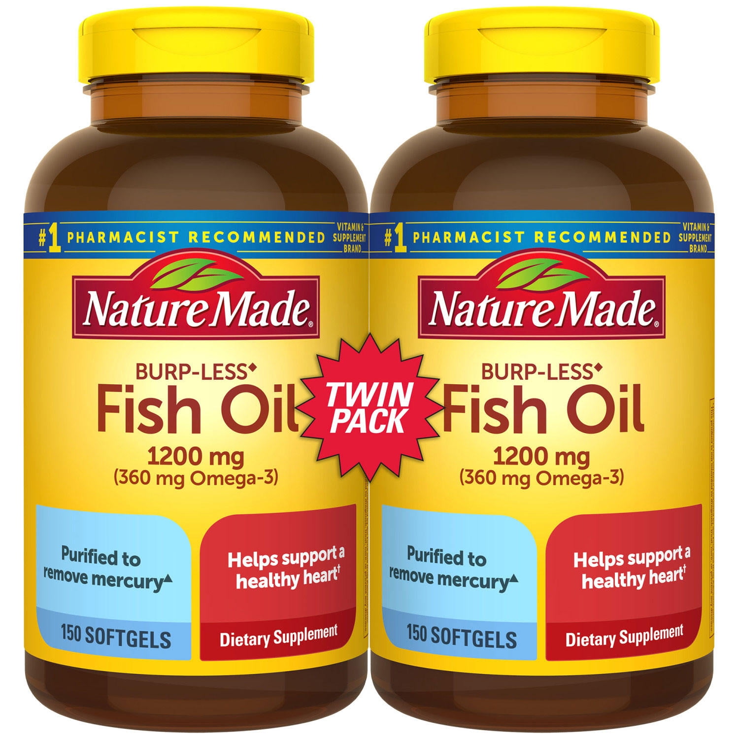 Nature Made Burp-Less Fish Oil 1,200 mg Softgels for Heart Health, 150 ...