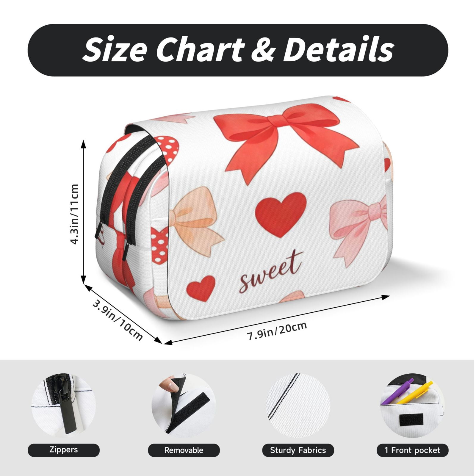 Large-Capacity Flip-Top Double-Layer Pencil Case, Multi-Functional Pocket Pen Case, Durable Stationery Organizer Sweet Love Bow Heart White