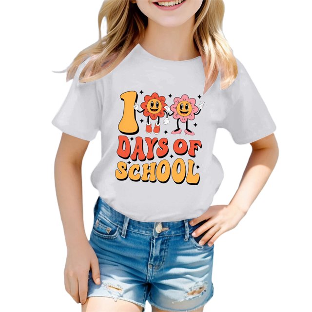 T-shirts pour Petites Filles Col Rond Manches Courtes Vêtements d'Été Décontractés pour Enfants Taille 6-7T